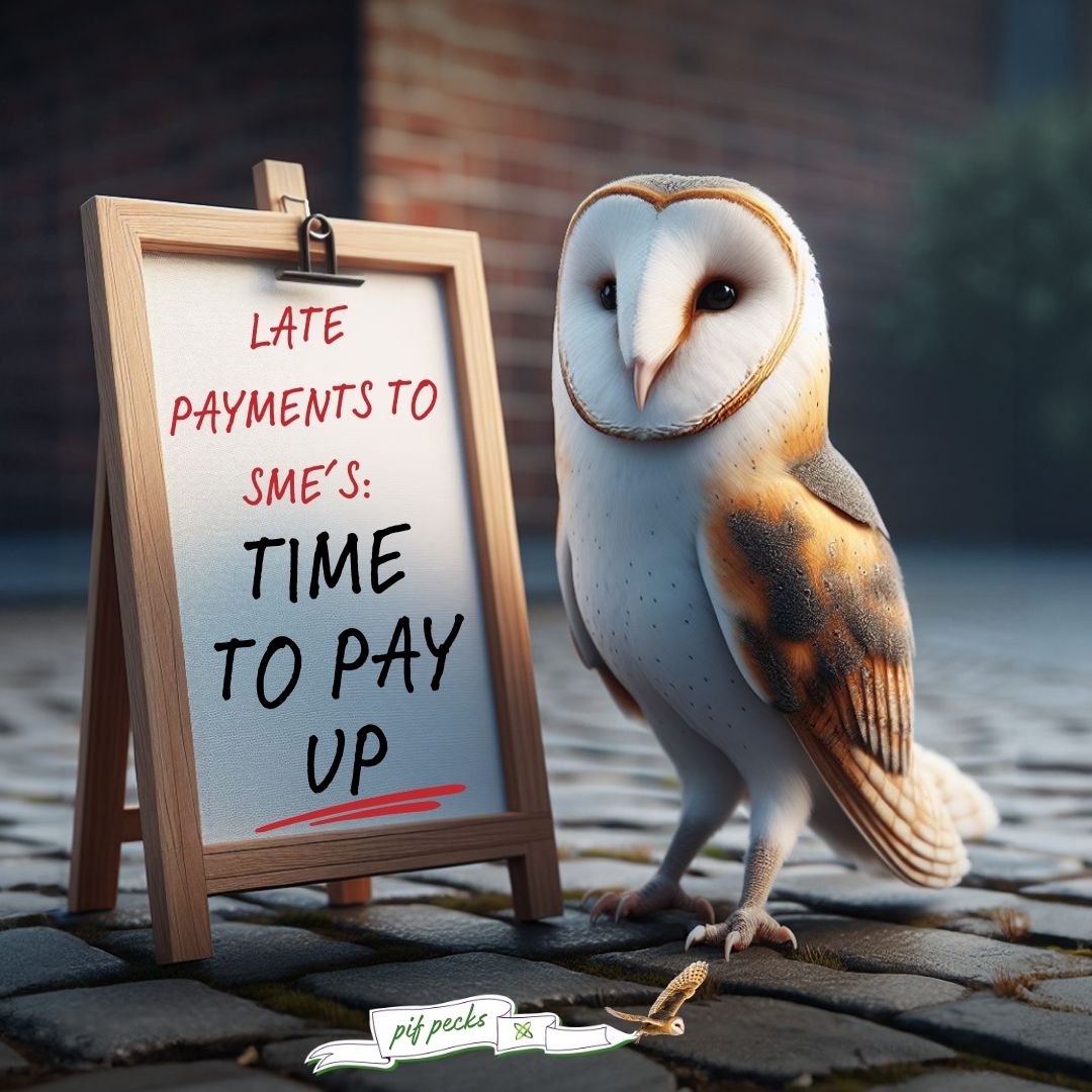 Late payments to SMEs: Time to pay. Text featured on a news board next to a barn owl. PIF pecks banner at the bottom