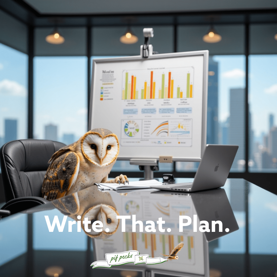 Barn owl sat at an office desk with business charts in the back ground. text reads: Write. That. Plan. PIF pecks banner is at the bottom of the image.