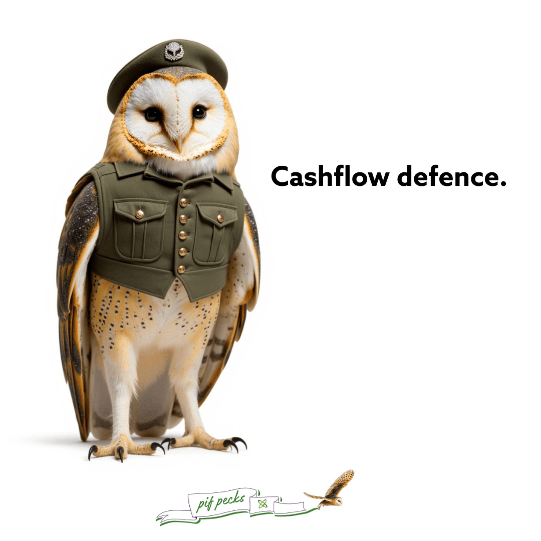 Text reads: Cashflow defence. Image shows barn owl wearing a military uniform.