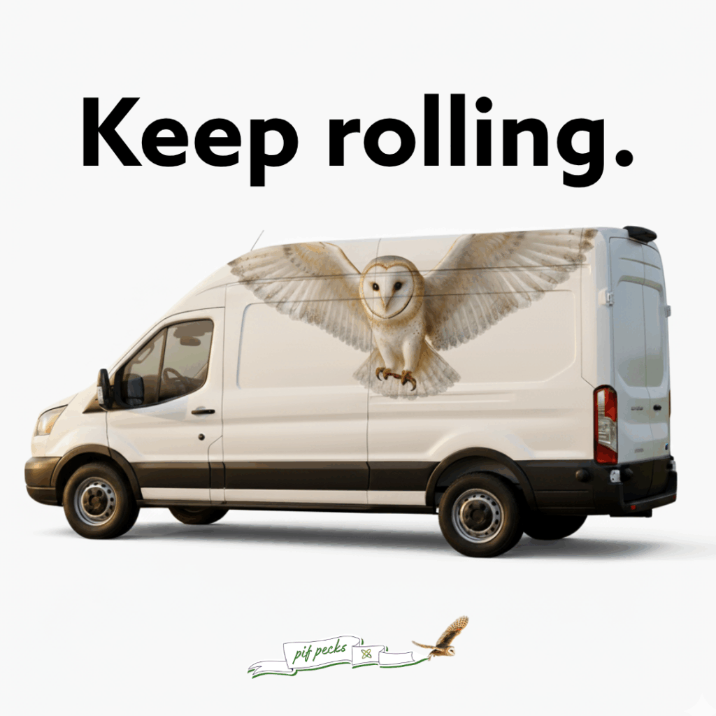 Text says "Keep rolling." Image shows a transit van with a barn owl decal. PIF Pecks banner shows at the bottom of the graphic.