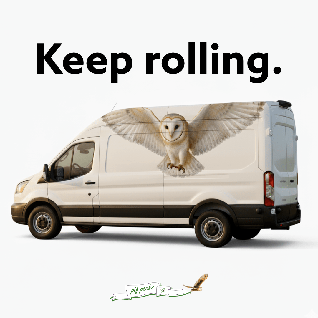 Text says "Keep rolling." Image shows a transit van with a barn owl decal. PIF Pecks banner shows at the bottom of the graphic.