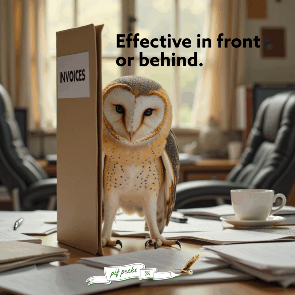 Image shows a barn owl on a working desk, hiding behind a file that says "invoices". Partnership invoice finance "PIF Pecks" banner is at the bottom
