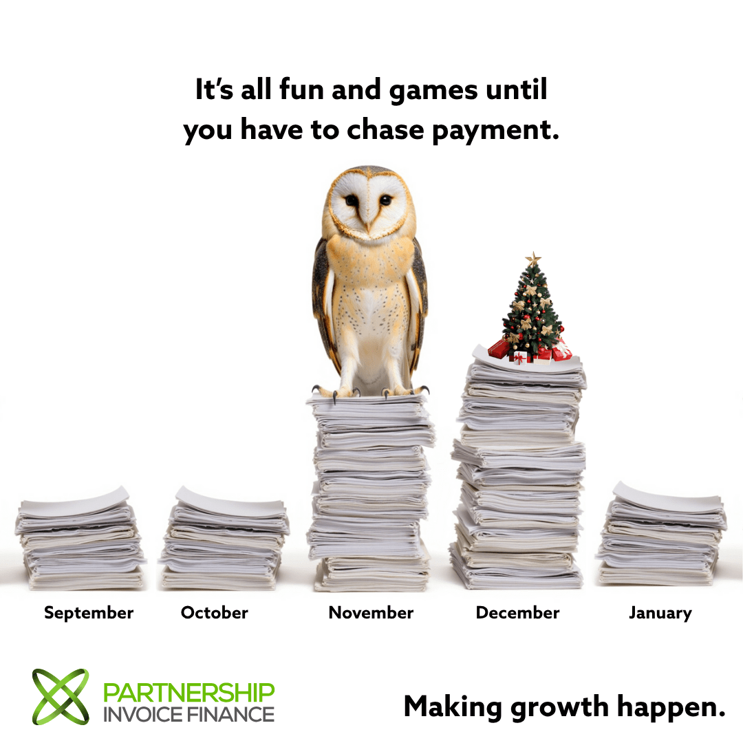 Text reads "It's all fun and games until you have to chase payment." Image shows a barn owl sat on a huge pile of invoices, next to it is a seasonal Christmas tree ontop of an even bigger pile of invoices. The role of credit control during seasonal peaks is vital.